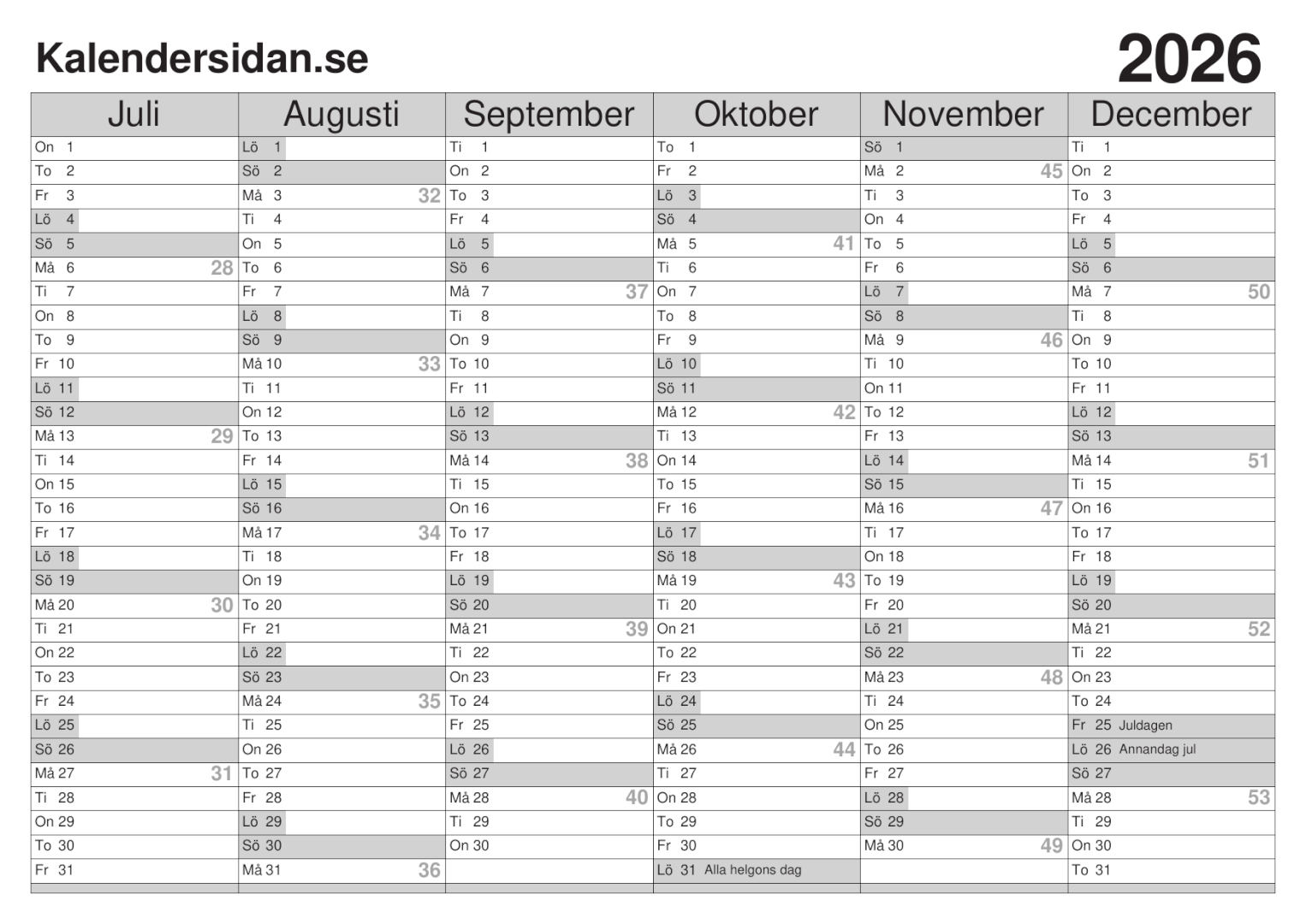 Kalender 2026